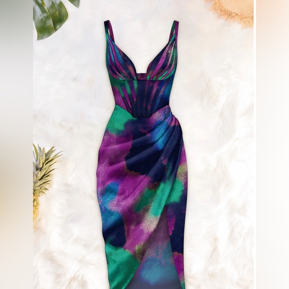 Averie Keira draped midi ruched Asymmetrical Multicolor Dress - Picture 1 of 13